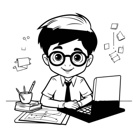 Cute schoolboy in glasses working on laptop. Vector illustration