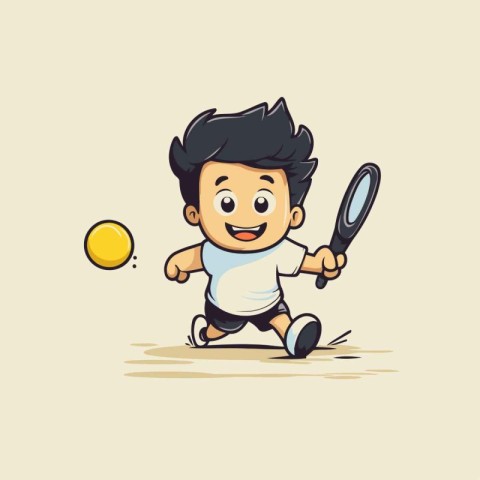 Cartoon boy playing tennis with a magnifying glass. vector illus