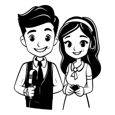 Cute couple of journalist with microphone cartoon isolated vecto