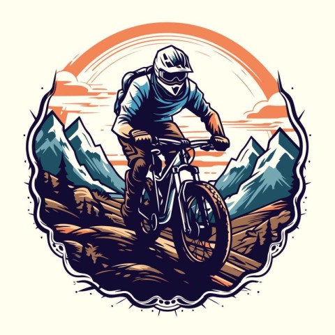 Mountain biker riding on the road in the mountains. vector illus