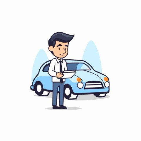 Businessman with car on the street. Vector illustration in flat