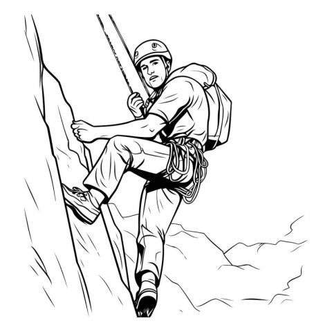 illustration of a young man climbing on a cliff with a rope