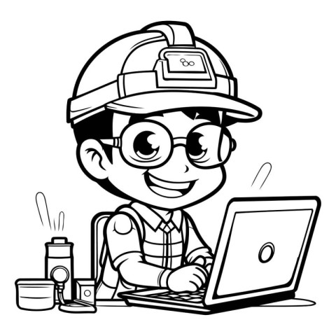 Black and White Cartoon Illustration of Cute Little Boy Construc