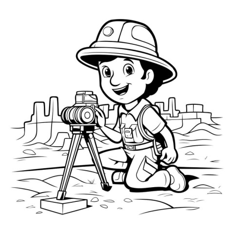 Cartoon Illustration of a Kid Boy Adventure Photographer with Ca