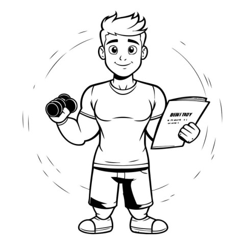 Cartoon vector illustration of a sportsman holding a dumbbell.