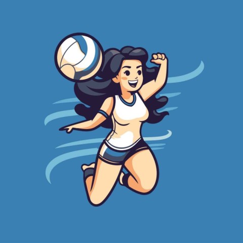 Girl playing volleyball. Vector illustration. Isolated on blue b