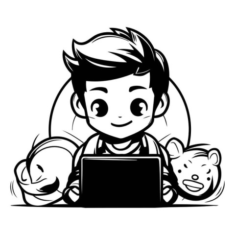 Illustration of a boy with a laptop and a teddy bear