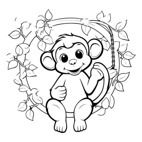 Monkey sitting in a wreath of leaves. Vector illustration.