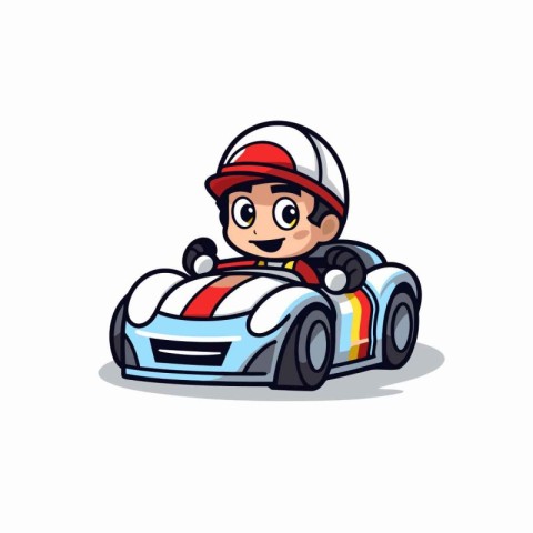 Cute cartoon boy driving a race car. Vector illustration on whit