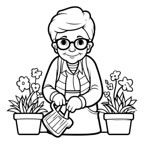 Outline illustration of a senior woman watering flowers in a pot