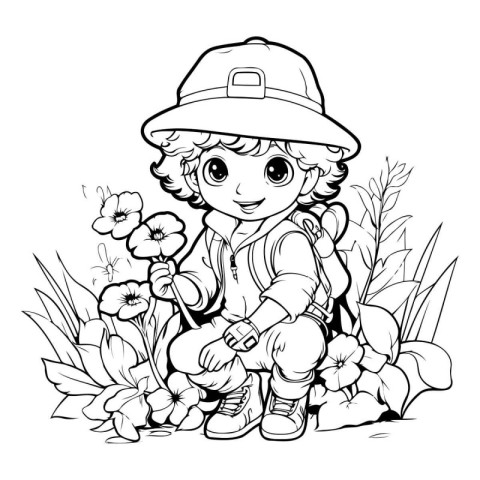 Coloring Page Outline Of a Cute Little Boy with Flowers