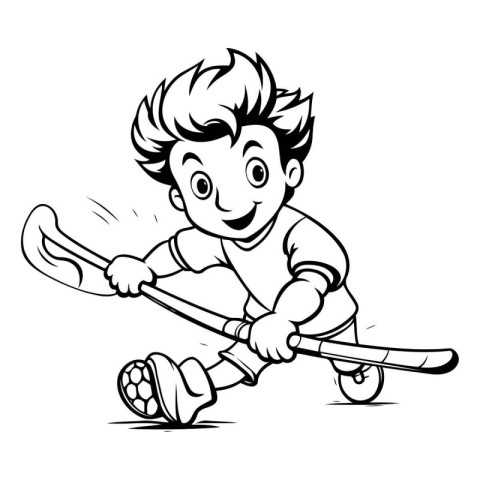 Cartoon illustration of a boy playing hockey or hockey. Vector c