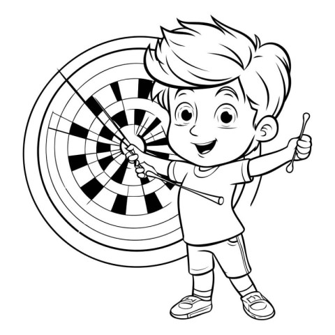 Black and White Cartoon Illustration of Kid Boy with Dart Board