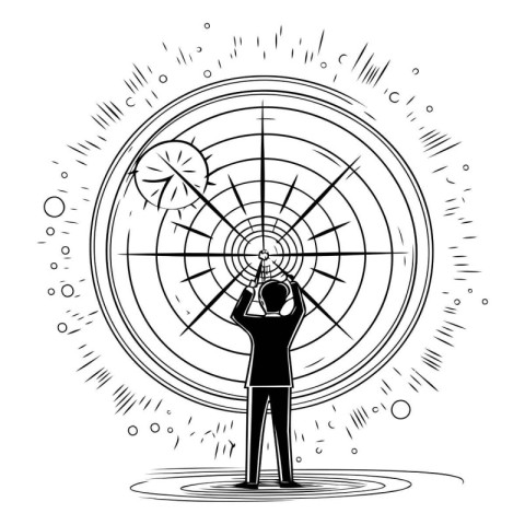 Man looking at the target. Vector illustration in vintage engrav