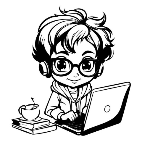 Cute Girl with Laptop - Black and White Cartoon Illustration. Ve