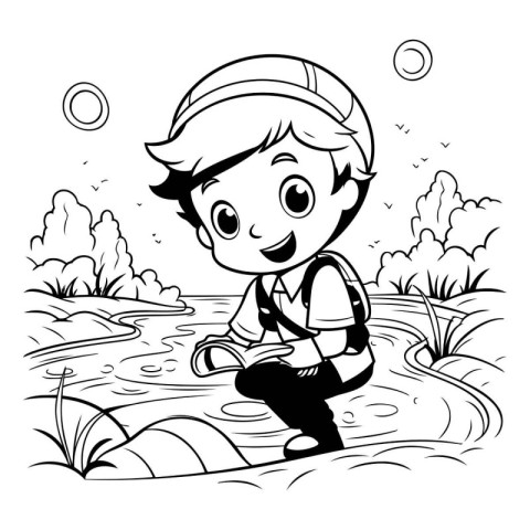 Boy fishing in the river. black and white vector illustration fo