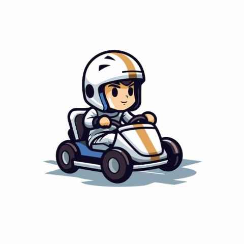 Cute boy riding a race car. Vector illustration on white backgro