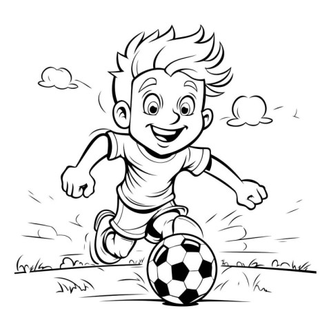 Boy playing soccer - black and white vector illustration for col