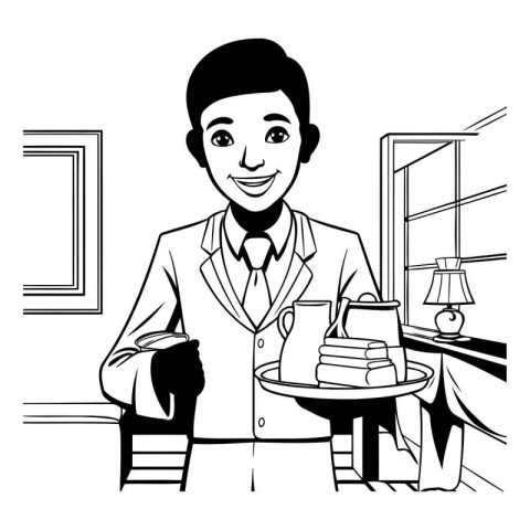 Businessman working at office. black and white vector illustrati