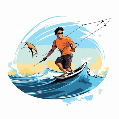 Kitesurfing. Vector illustration of a surfer on the waves.