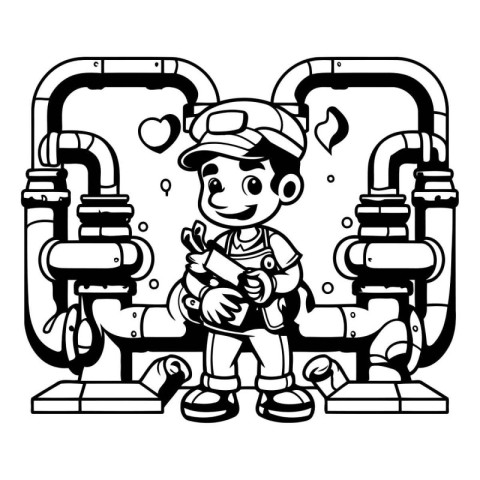 Plumber with a wrench. Black and white vector illustration for c