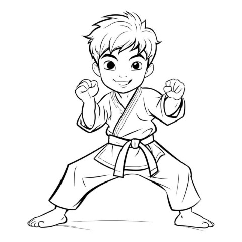 Karate boy in black and white. Vector illustration for coloring