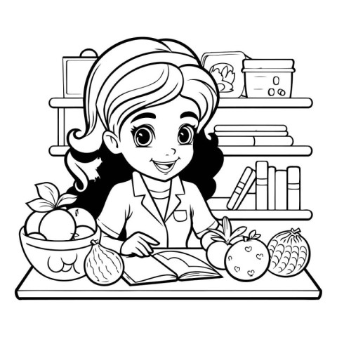 Girl reading a book at the table with fruits and vegetables. vec