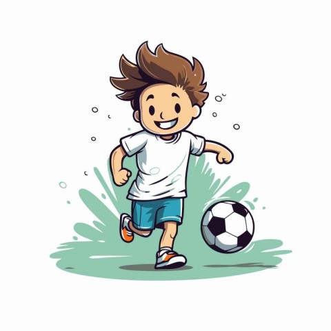 Cartoon boy playing soccer. Vector illustration isolated on whit