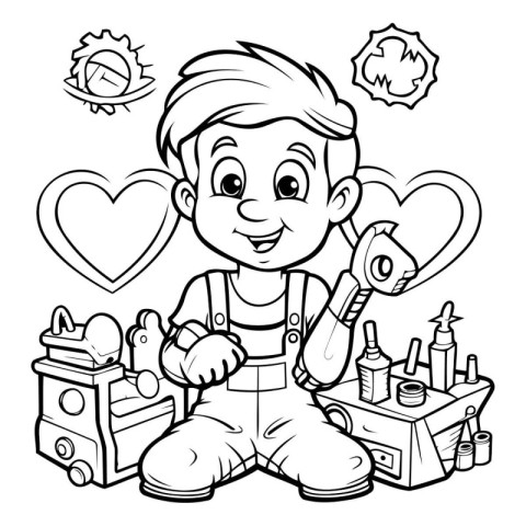 Black and White Cartoon Illustration of Kid Boy Repairman or Rep