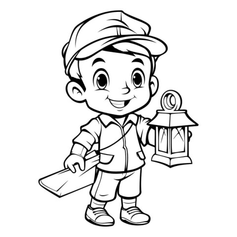 Cartoon little boy with lantern. Vector illustration for colorin