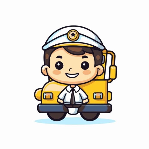 Cute boy in uniform driving school bus. Vector character illustr