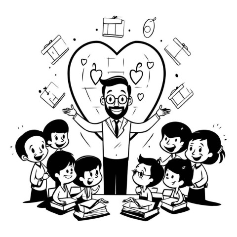 Black and white vector illustration of a teacher giving a lesson