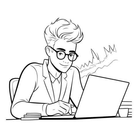 Young businessman working at his laptop in office. Vector illust