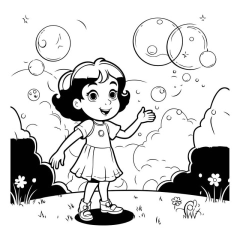 Black and White Cartoon Illustration of a Little Girl Playing wi