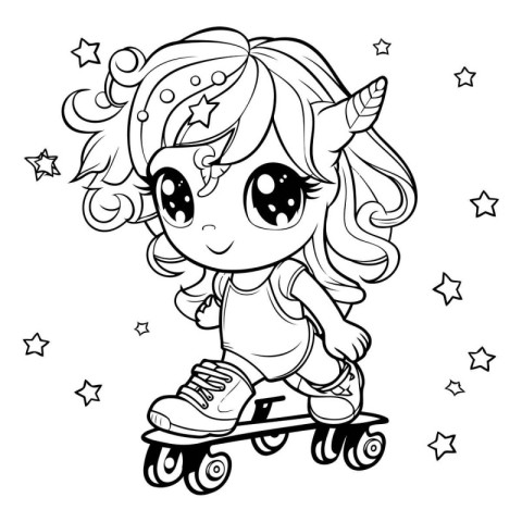 Black and White Cartoon Illustration of Cute Unicorn Fantasy Cha