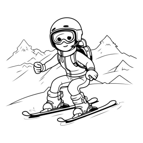 Snowboarder in helmet and goggles skiing downhill. Vector illust