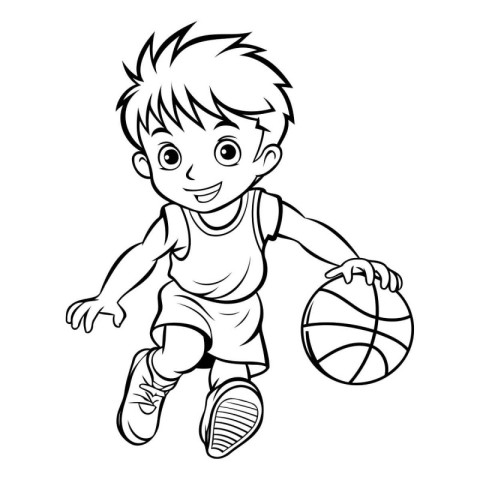 Little boy playing basketball. Black and white vector illustrati