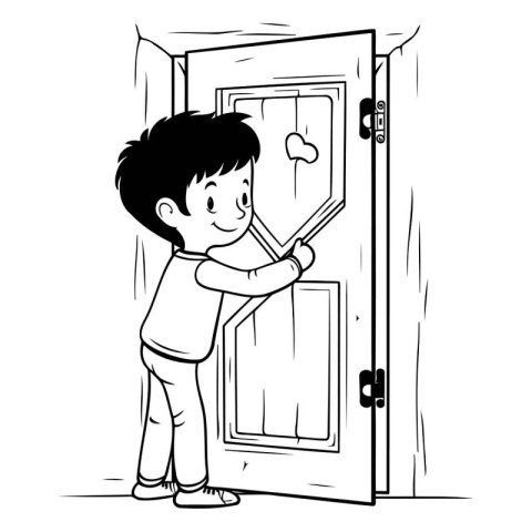 Black and white vector illustration of a boy opening the door of