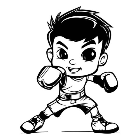 Boxing Kid - Black and White Cartoon Mascot Illustration