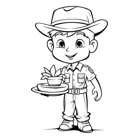 Illustration of a Little Boy Wearing a Cowboy Hat Holding a Plat