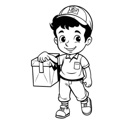 Vector illustration of a boy holding a box of food. Coloring boo