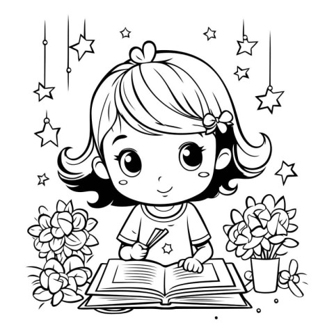 Cute little girl reading a book. Vector illustration for colorin