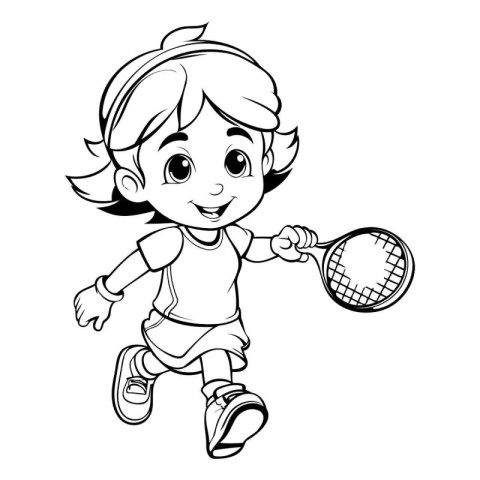 Black and White Cartoon Illustration of Little Girl Playing Tenn