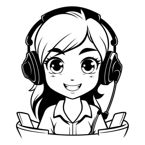 Cute girl with headphones. Vector illustration in black and whit