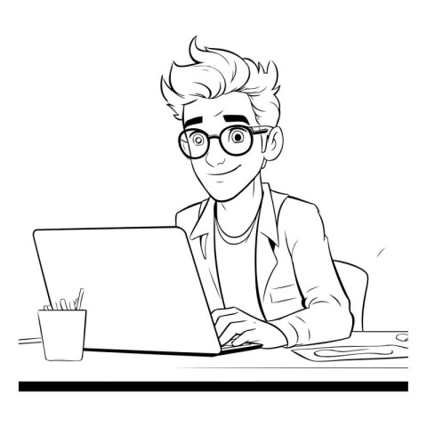 Young man working on laptop in office. Vector illustration in bl