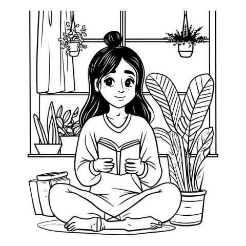 Girl reading a book at home. Black and white vector illustration