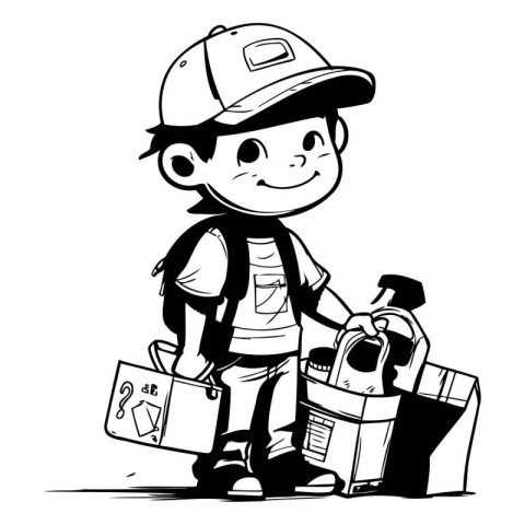 Cartoon vector illustration of a boy with a tool belt and a box