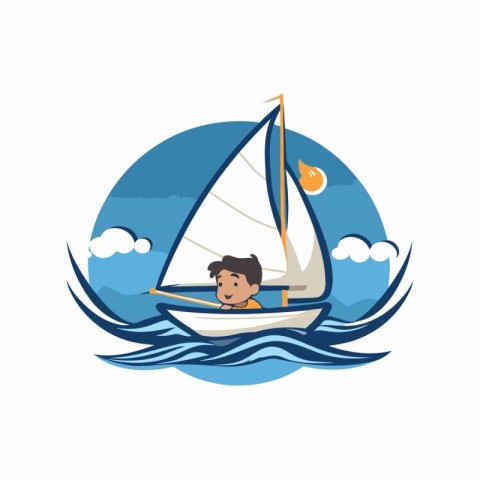 Sailing boy on a sailboat in the sea. Vector illustration