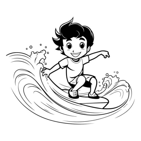 Boy surfing on a wave. black and white vector cartoon illustrati