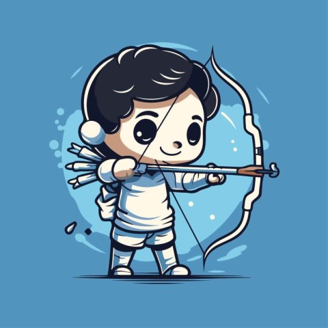 Cute little boy archer holding bow and arrow. Vector illustratio